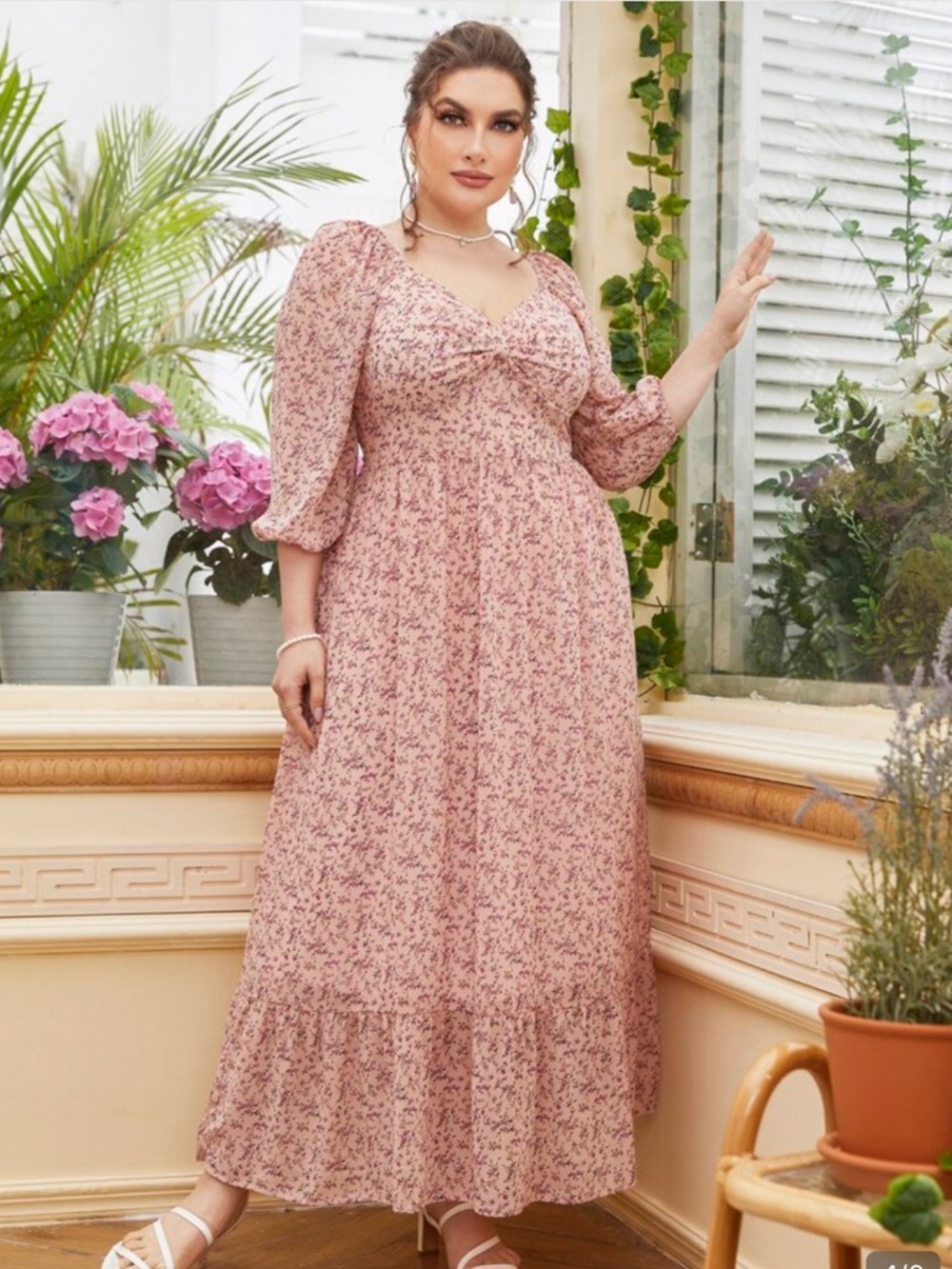 Pink Ditsy Floral Cottagecore Bishop Sleeves Sweetheart Neck Flowy Maxi Dress.